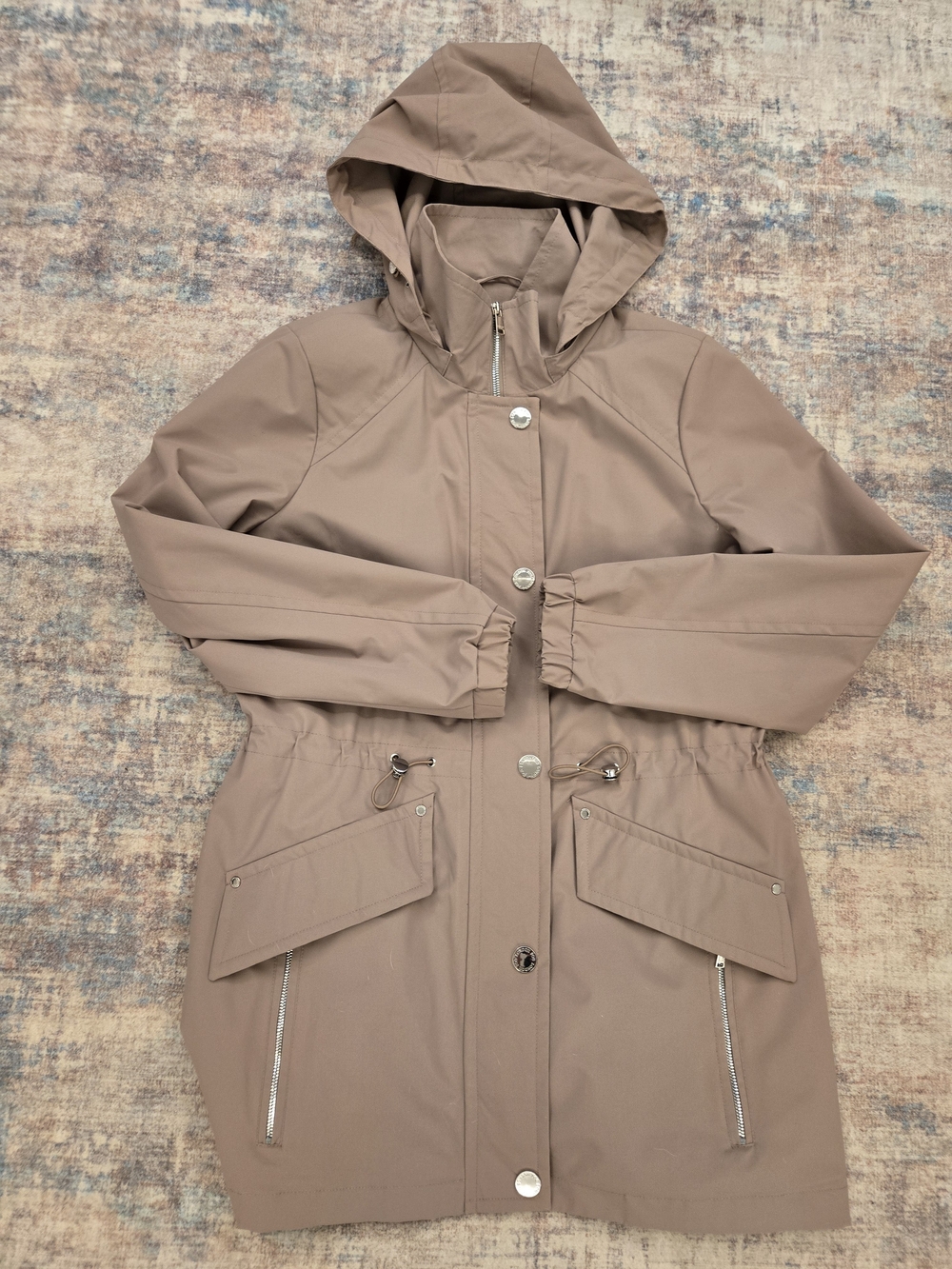 London Fog Women's Taupe Hooded Trench Coat with Drawcord Waist